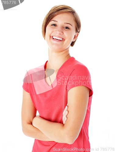 Image of Young Fitness Woman in Red Shirt Isolated on White