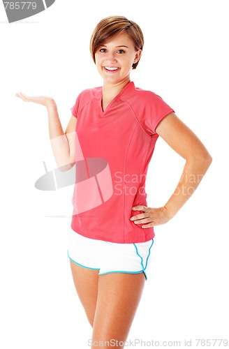 Image of Young Fitness Woman in Red Shirt Presenting, Isolated on White