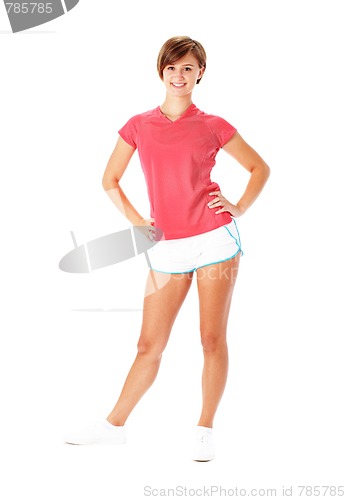 Image of Young Fitness Woman in Red Shirt Isolated on White