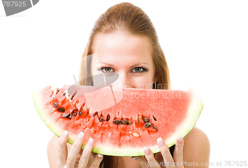 Image of Face of young woman with piece of water