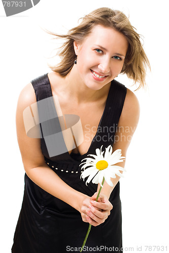 Image of Happy beautiful woman smile holding flower camomile