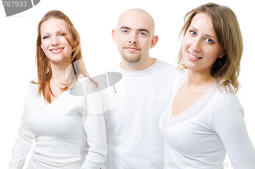 Image of Three positive people in white