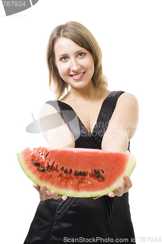 Image of Young beautiful woman offer piece of watermelon