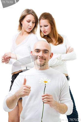 Image of Man hold camomline with two women