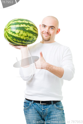 Image of Bold man with watermelon