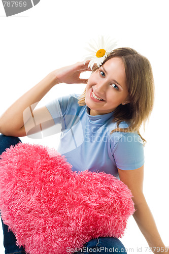 Image of Woman sit with camomile and teddy red heart