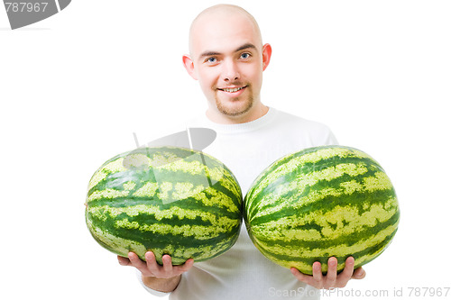 Image of Man with two watermelons show double growth