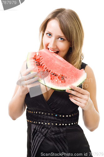 Image of woman eat watermelon and smiling