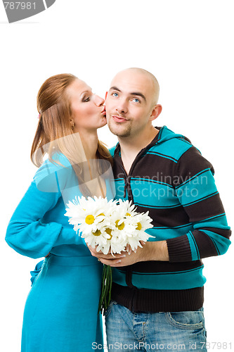 Image of Woman kiss bold man