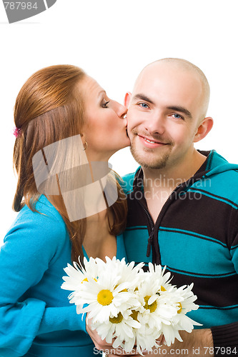 Image of woman kiss bold young happy man