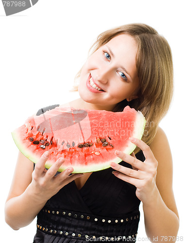 Image of Woman smile holding watermelon