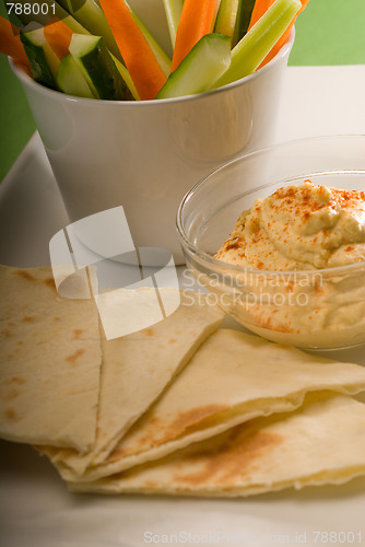 Image of hummus dip with pita bread and vegetable