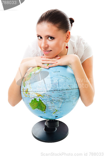 Image of Positive caml woman with a globe