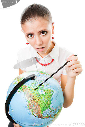 Image of Sad woman with the globe