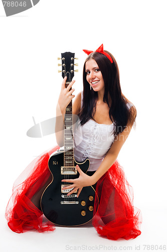 Image of Sexy girl with black guitar and horns