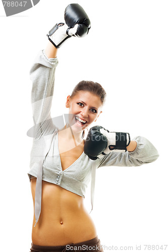 Image of Happy woman champion of boxing tournament