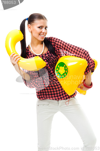 Image of Happy woman call by funny phone