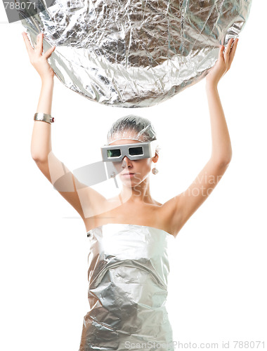 Image of Future robot woman with silver disk