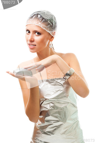 Image of Futuristic cyber woman with computer mouse