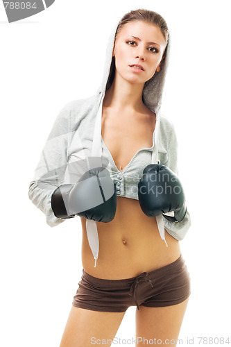 Image of beautiful woman in boxing gloves