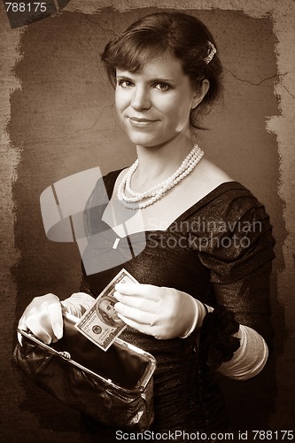Image of Vintage looking woman with dollar and purse