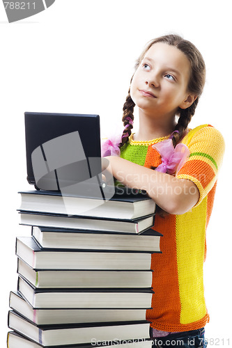 Image of Teenager girl with books and laptop smile