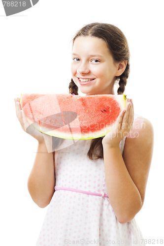 Image of Girl with watermelon stand and smile