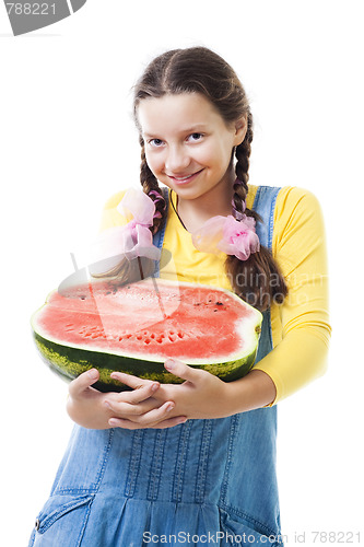 Image of Happy teenager girl holding half of watermelon