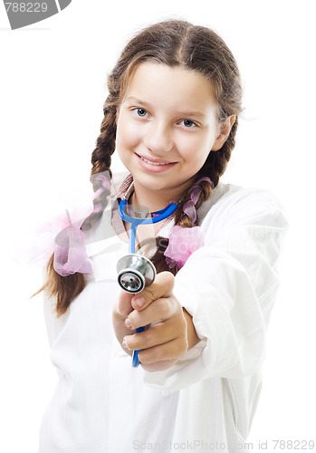 Image of Happy young girl play doctor holding stethoscope