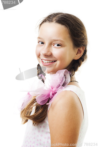 Image of Portait of positive teenager girl in pink