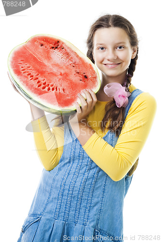 Image of Happy teenager girl with half of watermelon