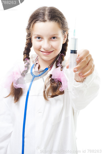 Image of Young girl play doctor with syringe