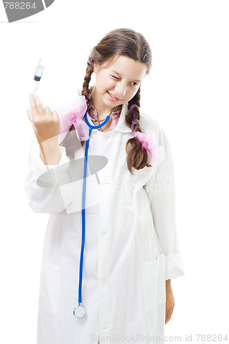 Image of Girl with syringe afraid to make injection