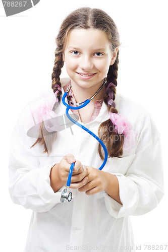 Image of Positive teenager girl pretend to be a doctor