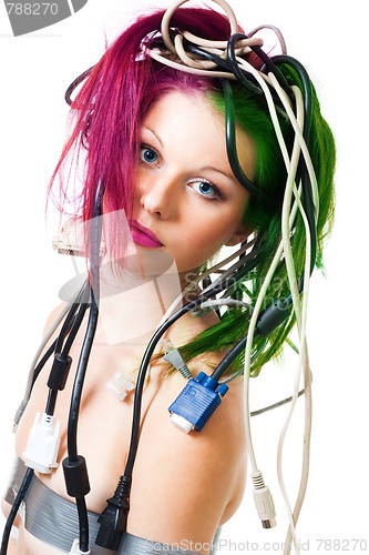 Image of Beautiful woman with computer cords