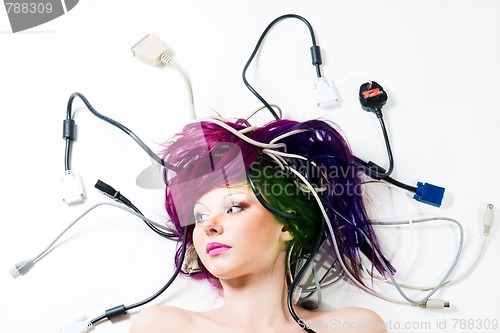 Image of Woman lay on the floor with wires and plugs