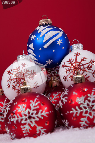 Image of Christmas balls over a red background