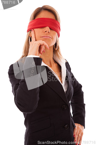 Image of blindfold businesswoman thinking