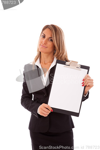 Image of businesswoman holding a clipboard