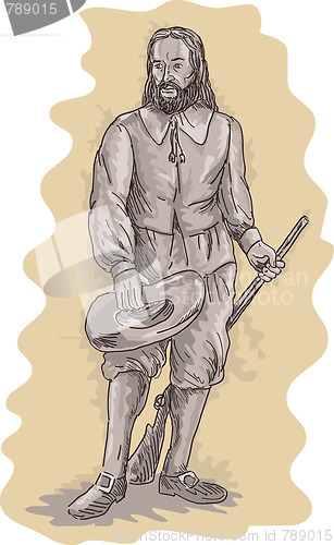 Image of Pilgrim standing holding musket rifle