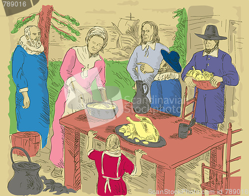 Image of Pilgrims celebrating first thanksgiving dinner