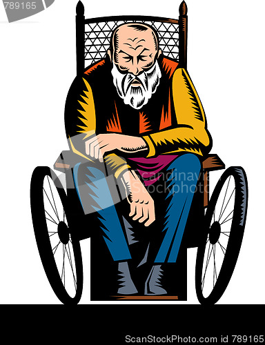 Image of elderly handicapped man sitting on wheelchair