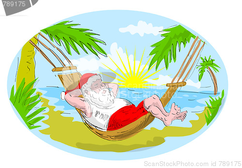 Image of santa claus in hammock relaxing in tropical beach