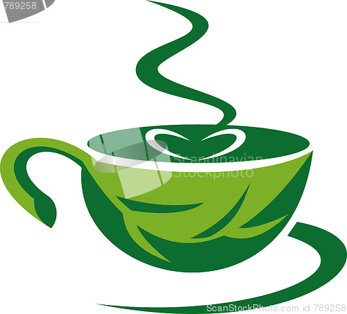 Image of steaming coffee cup made out of a green leaf with heart