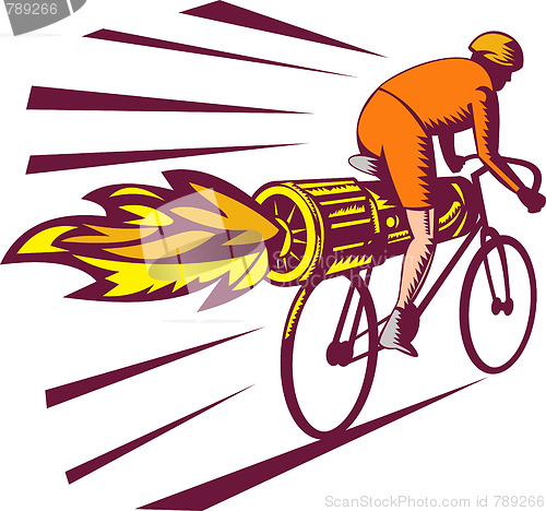 Image of Cyclist racing with jet engine on bicycle