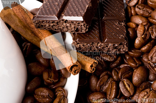 Image of chocolate, coffee beans, cinnamon sticks