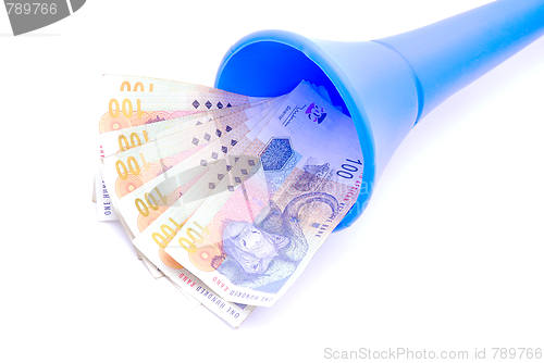 Image of South African Rands money in Vuvuzela