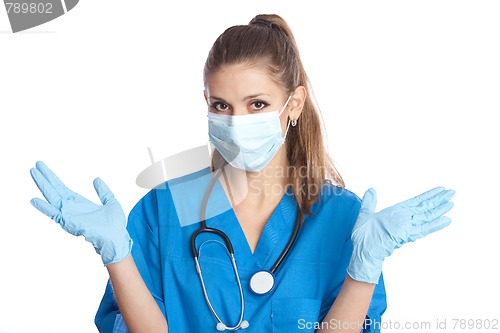 Image of medical doctor throws up her hands