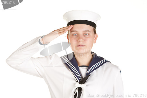 Image of young sailor saluting isolated white background