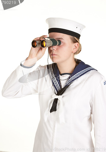 Image of young sailor with binoculars isolated white background